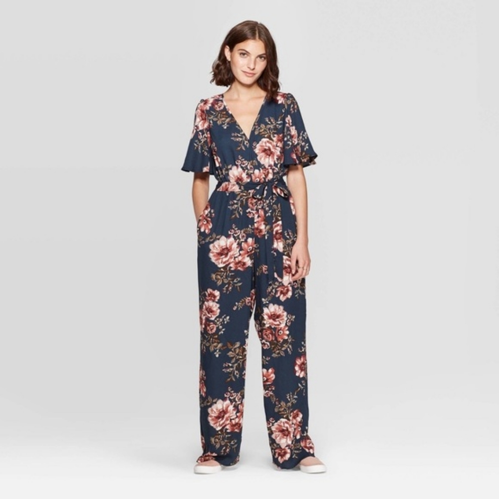 Xhilaration Dark Blue Floral Jumpsuit With Tie